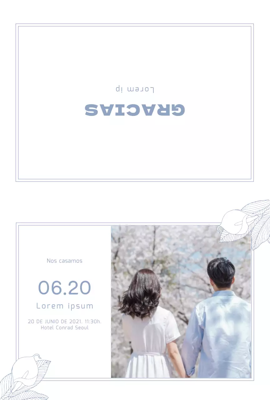 Invitación de boda limpia con ilustraciones en azul claro