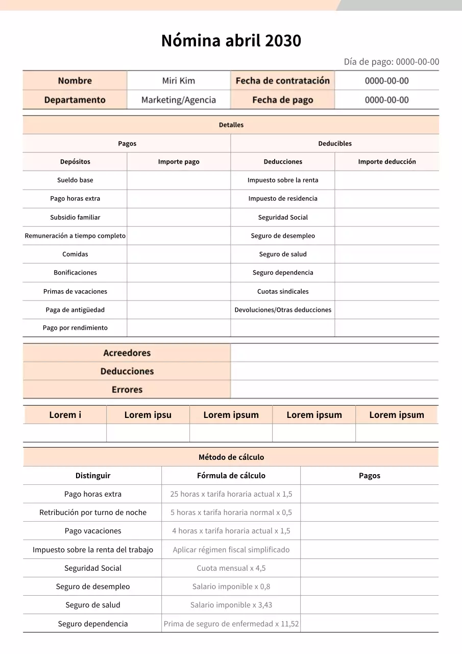 Formato del documento de nómina en naranja