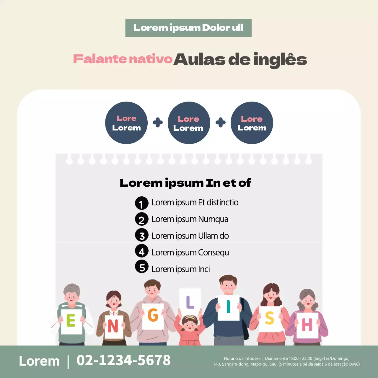 Ilustração a bege de uma promoção de uma escola de inglês