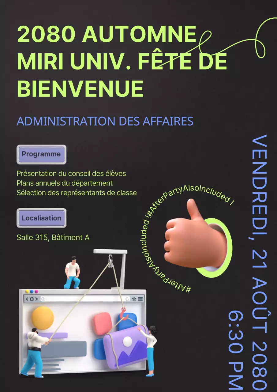 Illustration 3D avec un fond simple et des couleurs néon pour promouvoir les visites d'universités.