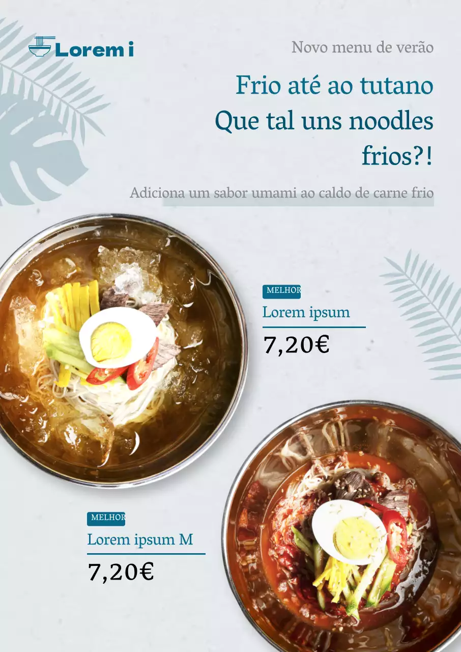 Cartaz de menu de verão em azul claro