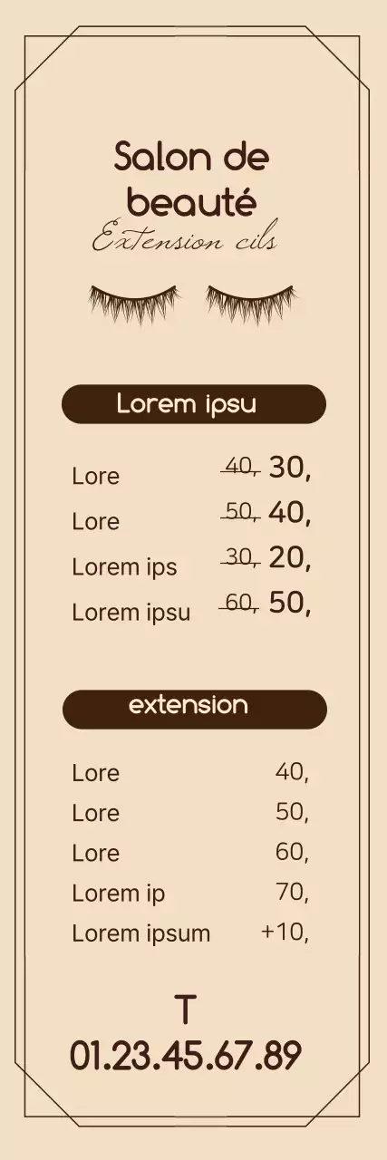 Menu propre d'un salon de beauté avec illustrations brunes