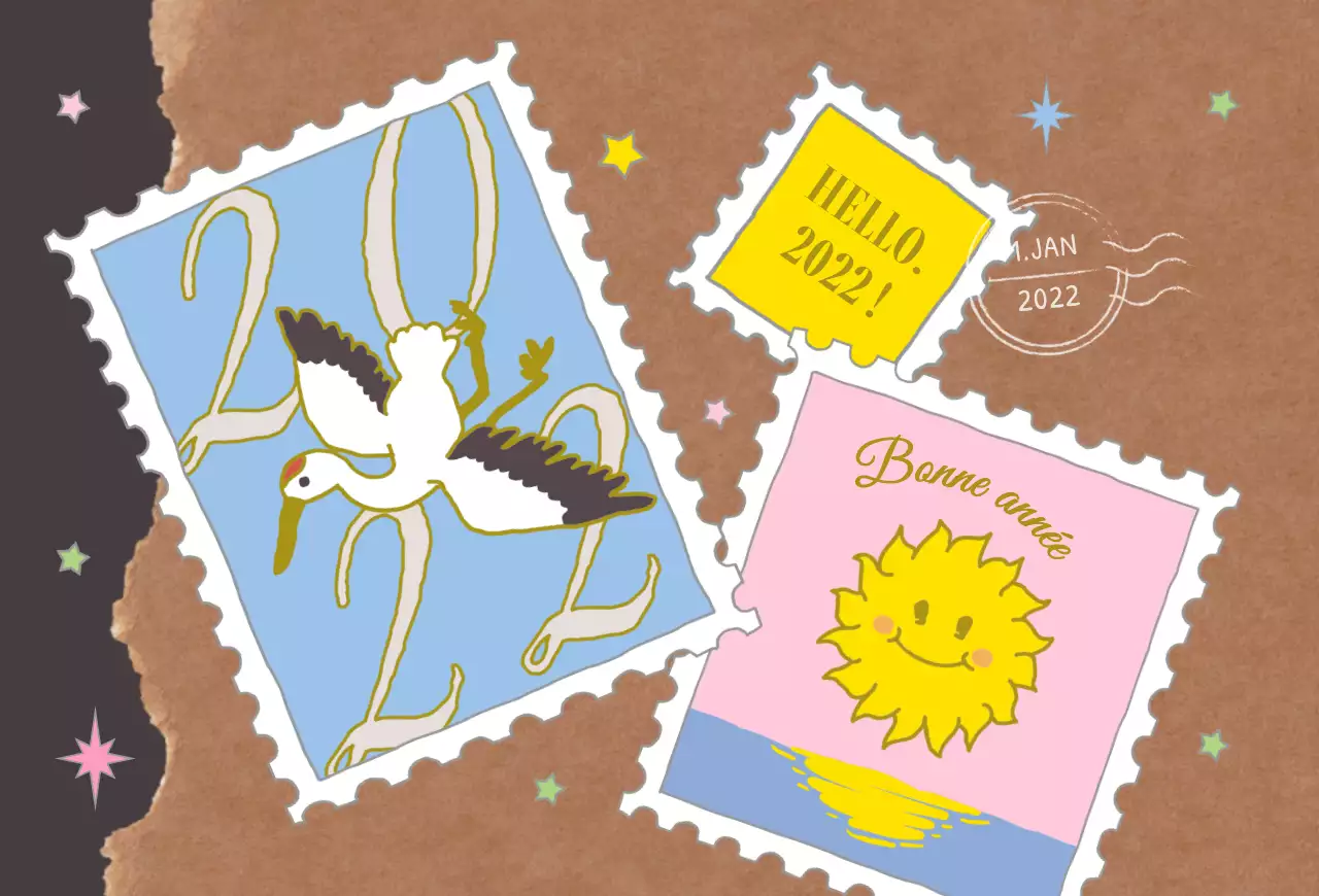 Collage de timbres du Nouvel An avec de jolies illustrations en rose, bleu clair et marron