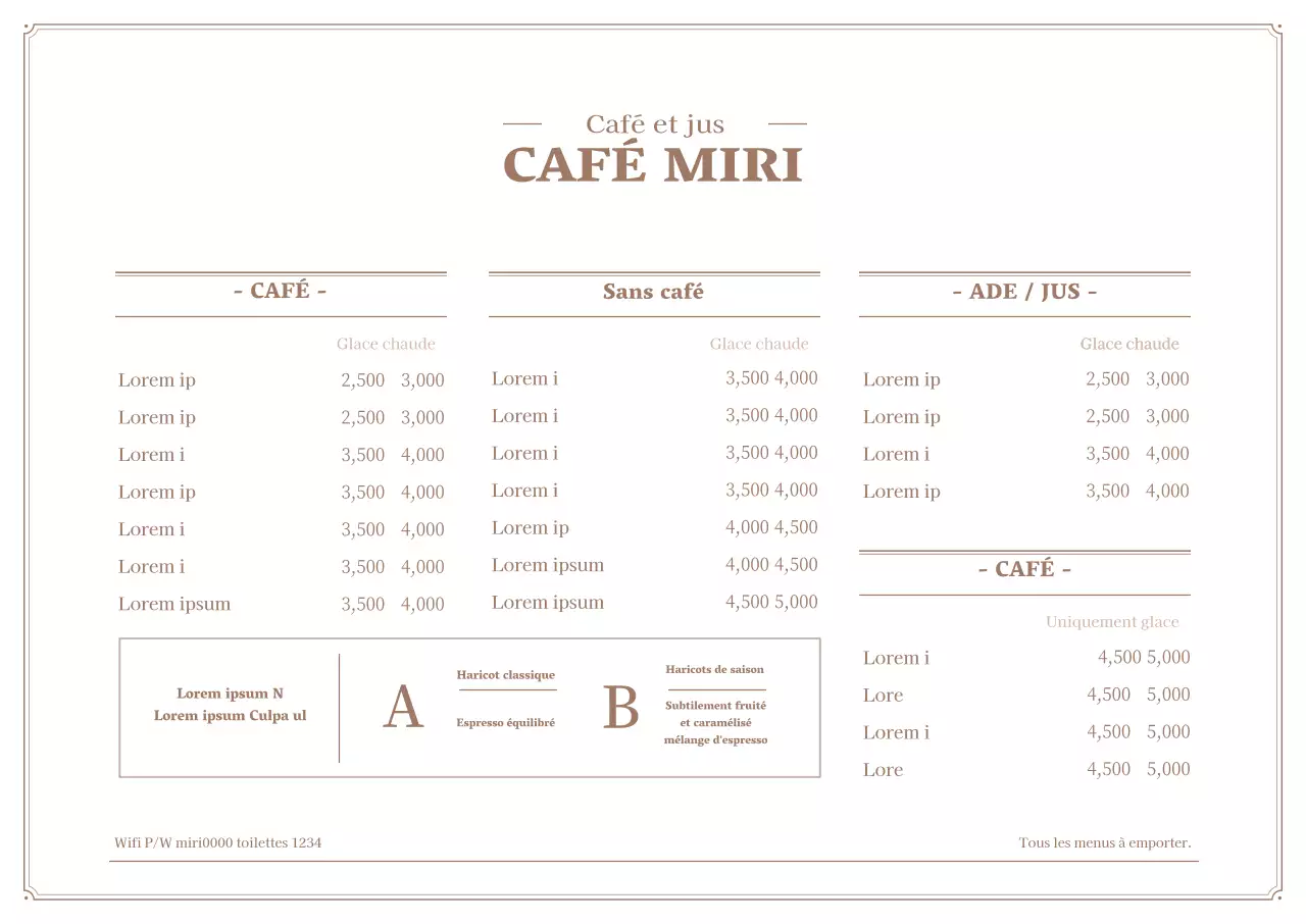 Affiche horizontale de menu de café simple en blanc et marron