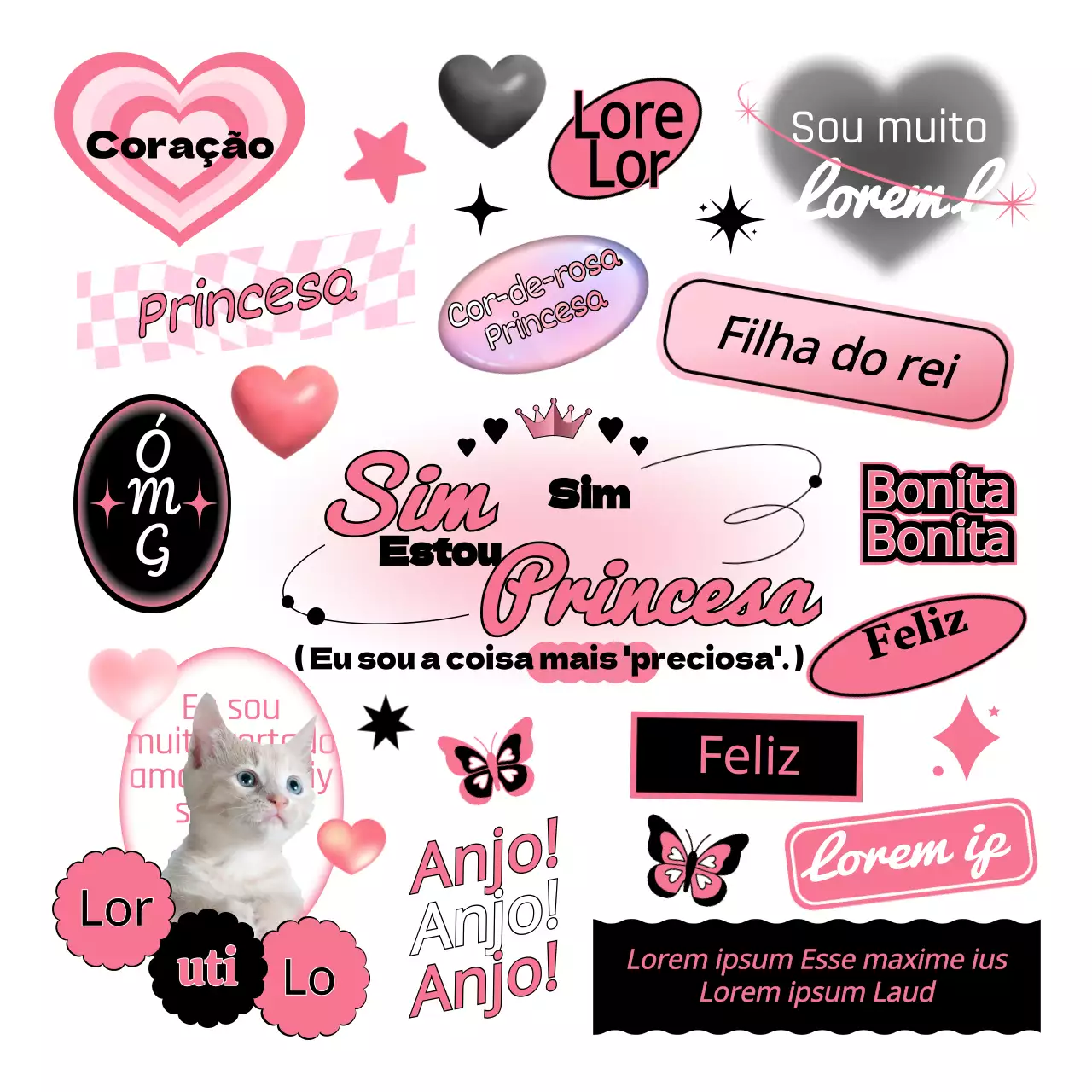 Desenho de texto com elementos de conceito adolescente a preto e cor-de-rosa