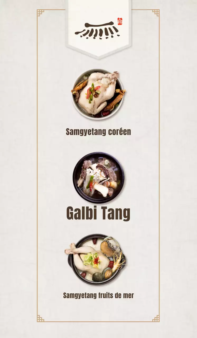 Promouvoir un restaurant coréen avec des galbitang et des samgyetang