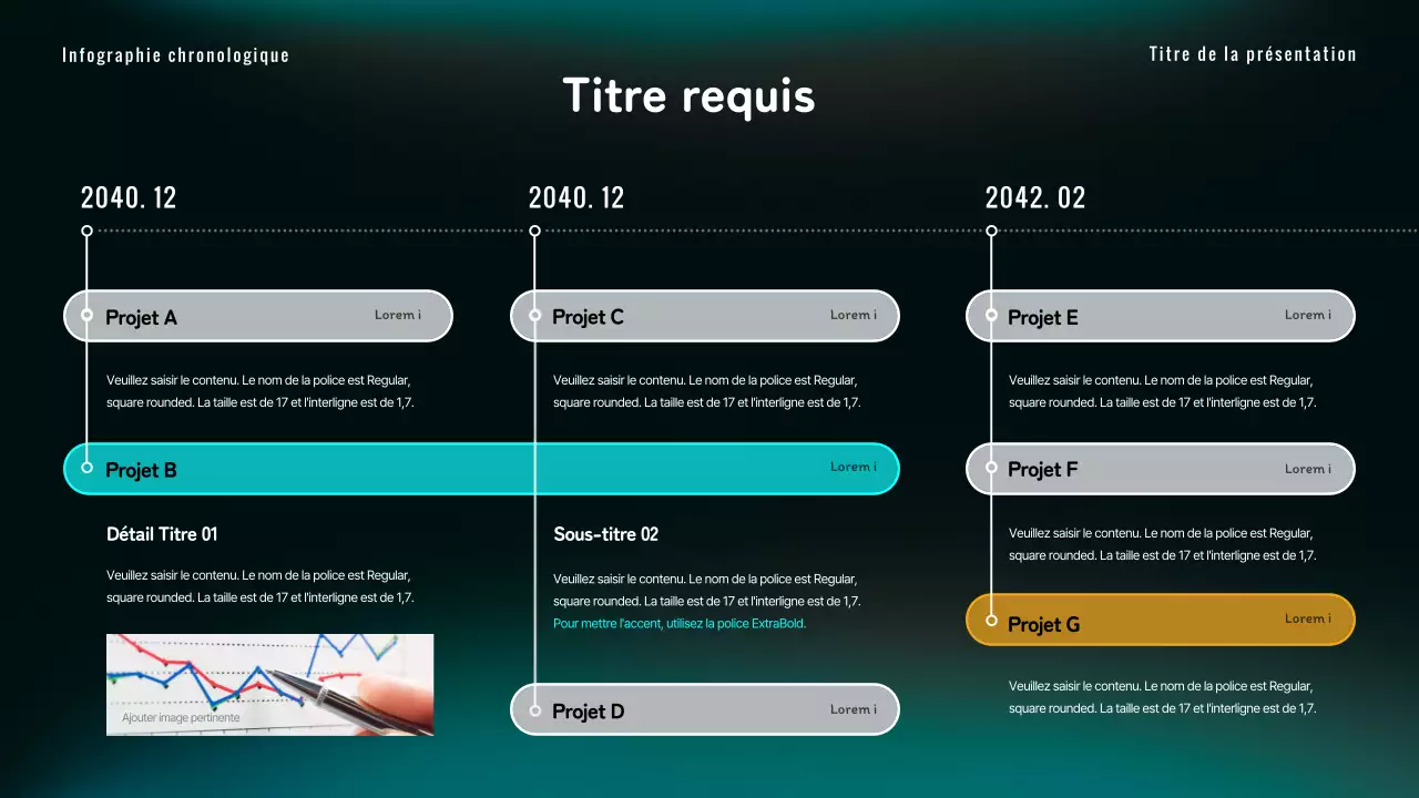 Infographie sur la ligne du temps dans les tons noirs et bleus