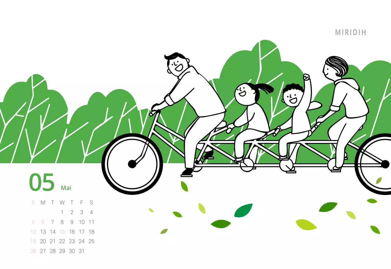 Niedlich illustrierter grüner Tischkalender mit Familienthemen