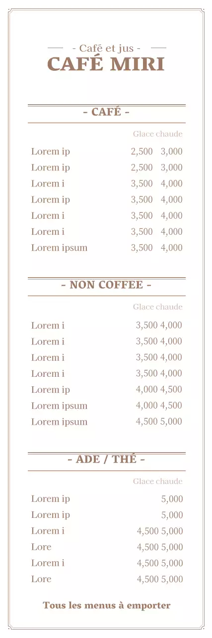 Bannière simple de menu de café en blanc et marron
