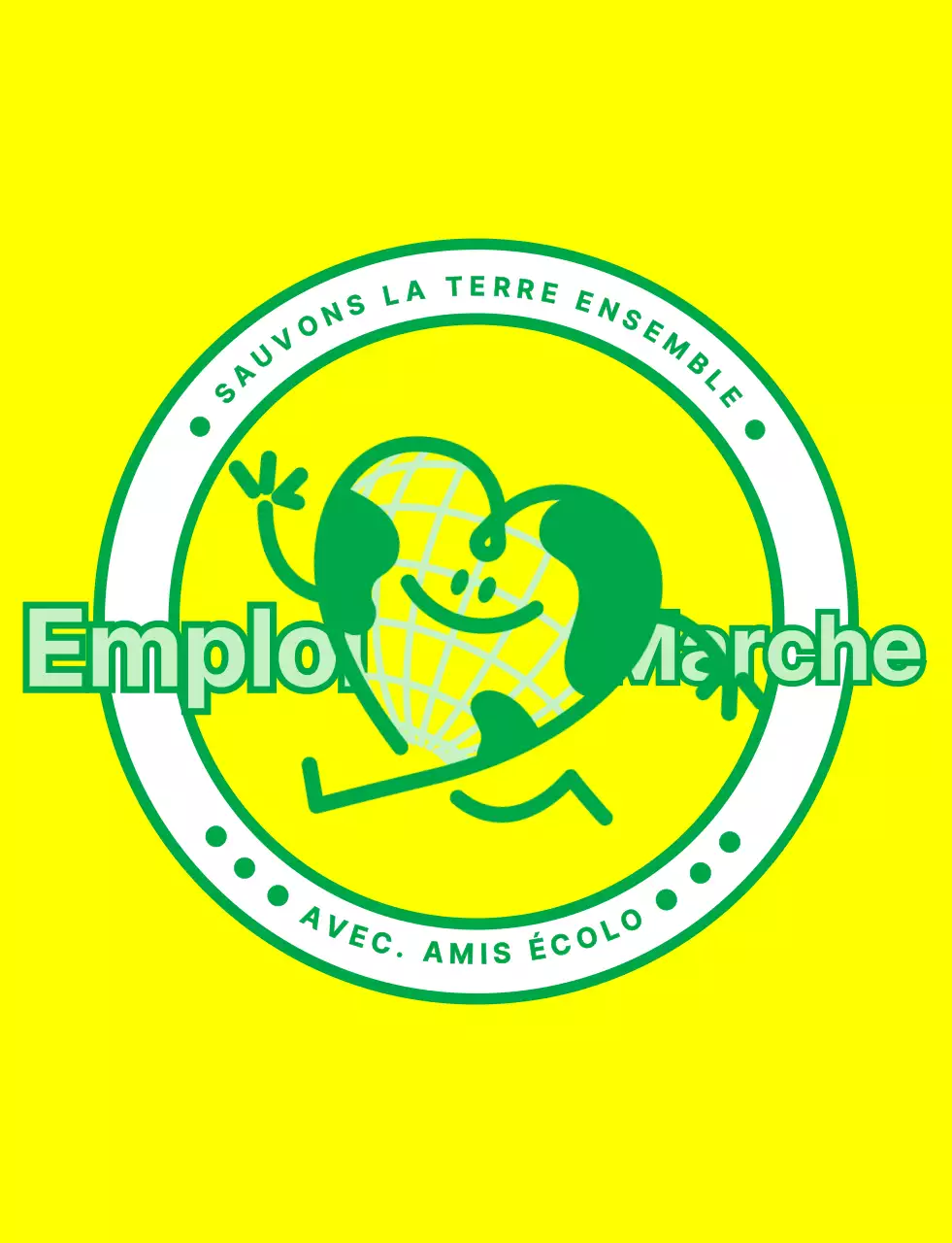 Concept de logo emblématique avec un mignon personnage de la terre en jaune et vert pour une organisation de campagne environnementale mondiale.