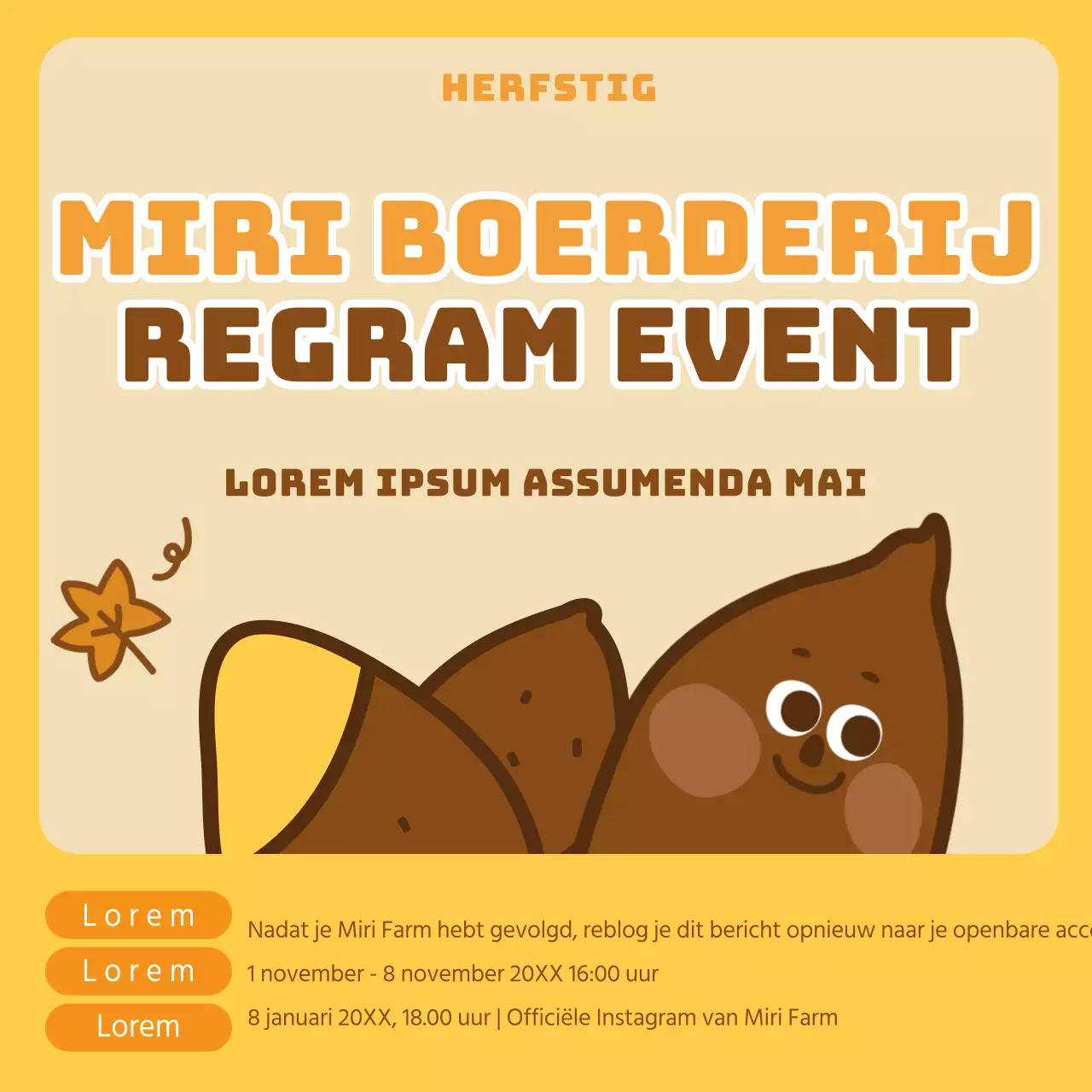 geel schattige zoete aardappel illustratie herfst regram evenement Instagram sociale media