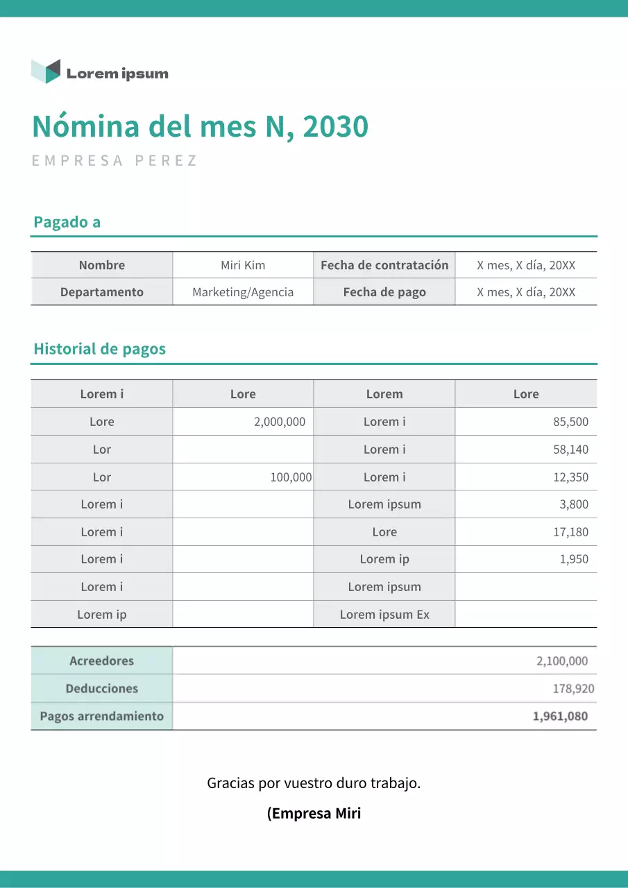 Formatear un documento de nómina color menta
