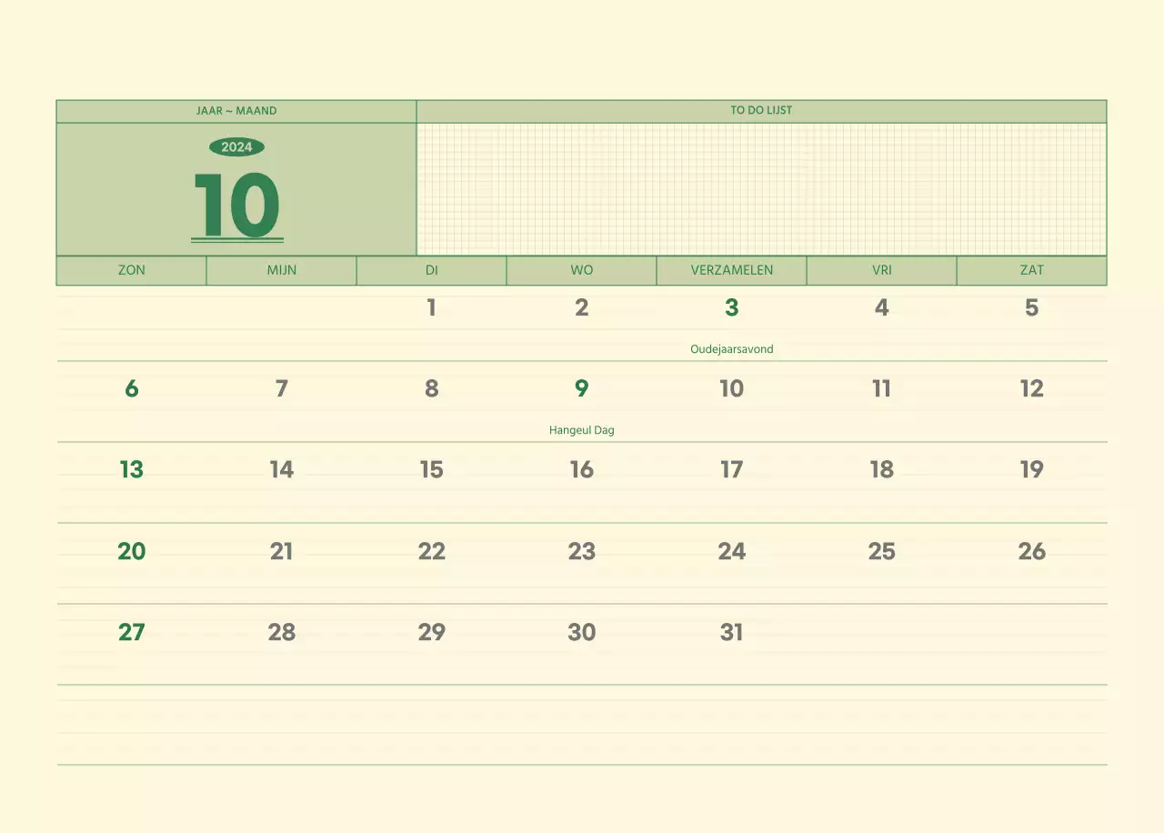 SAT D-day notitieblok concept wandkalender in groen en lichtgeel