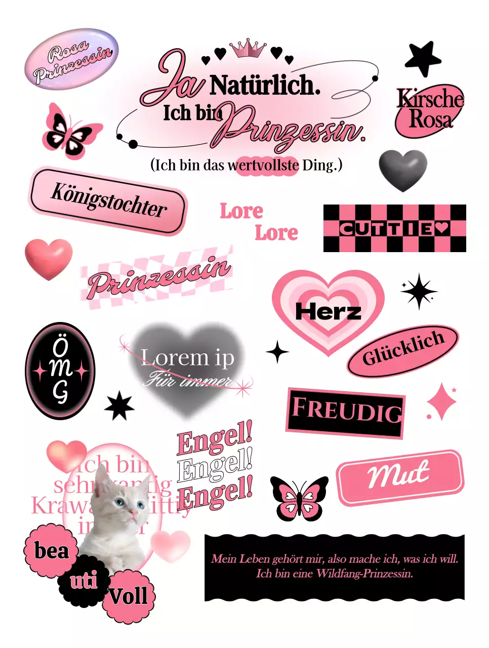 Textdesign mit schwarzen und rosa Teenager-Konzeptelementen