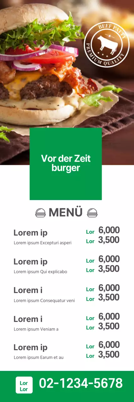 Grünes Foto unterstreicht sauberes Restaurant Burger-MenüGrünes Foto unterstreicht sauberes Restaurant Burger-Menü