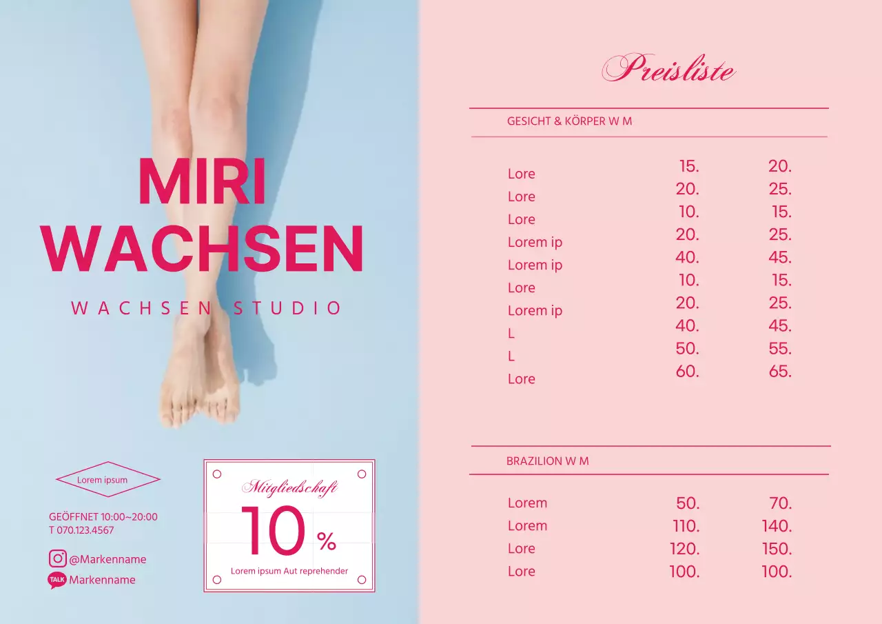 Sauberes Waxing-Shop-Menü mit rosa Foto-Hervorhebung