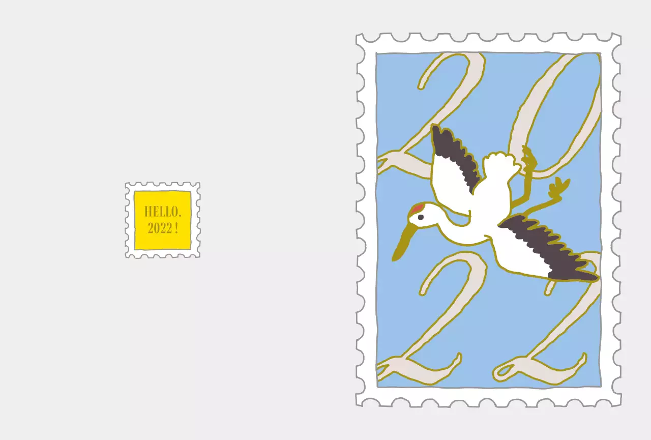 Timbre du Nouvel An avec une jolie illustration de grue en bleu clair et jaune