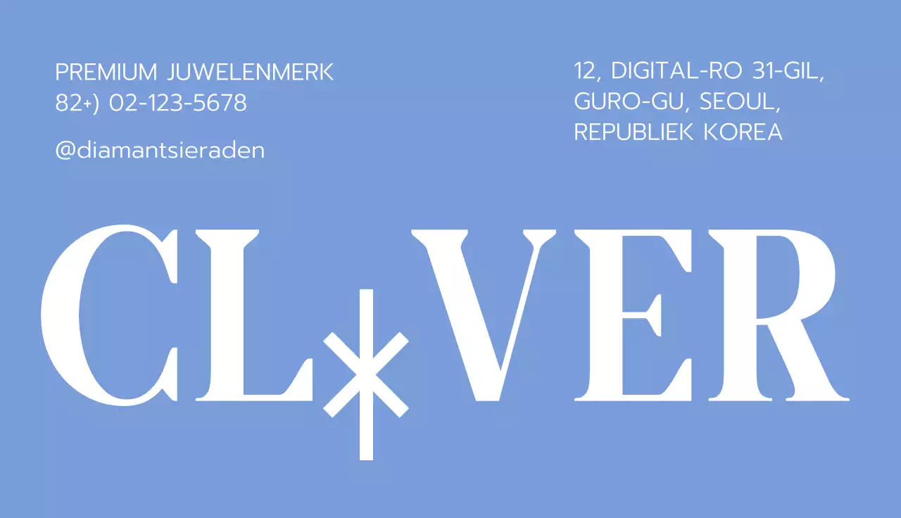 Visitekaartje van een modern juwelenmerk in lichtblauw en zwart