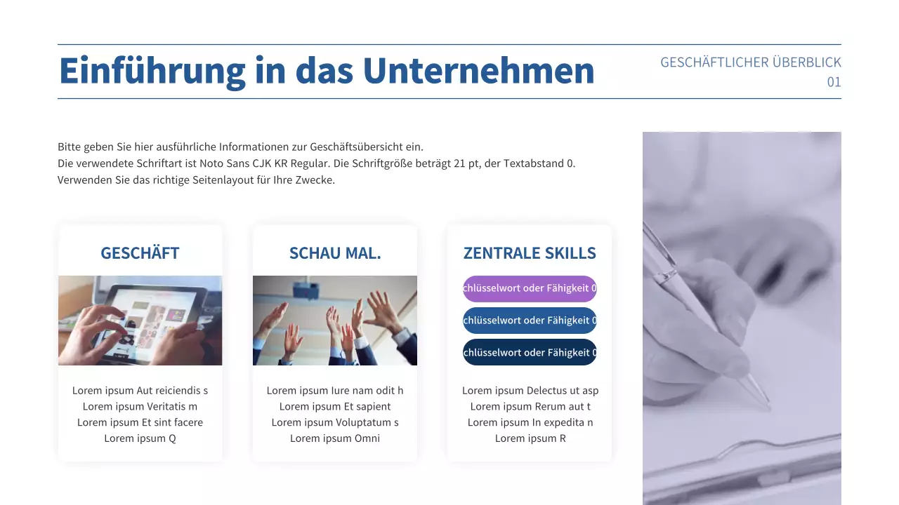 Businessplan-Präsentation mit einem lila und blauen Farbverlauf Konzept