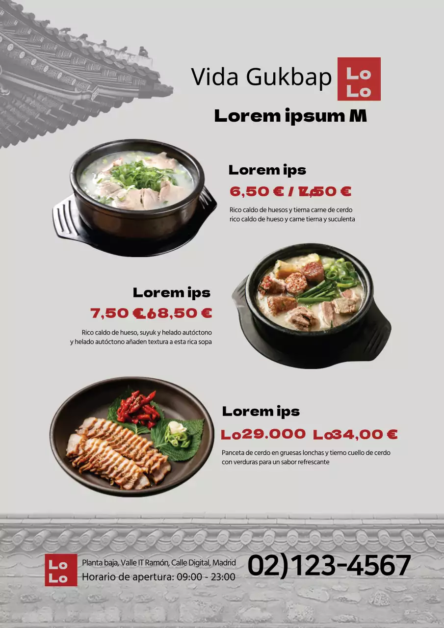 Restaurante tradicional Menú coreano resaltado en la foto gris