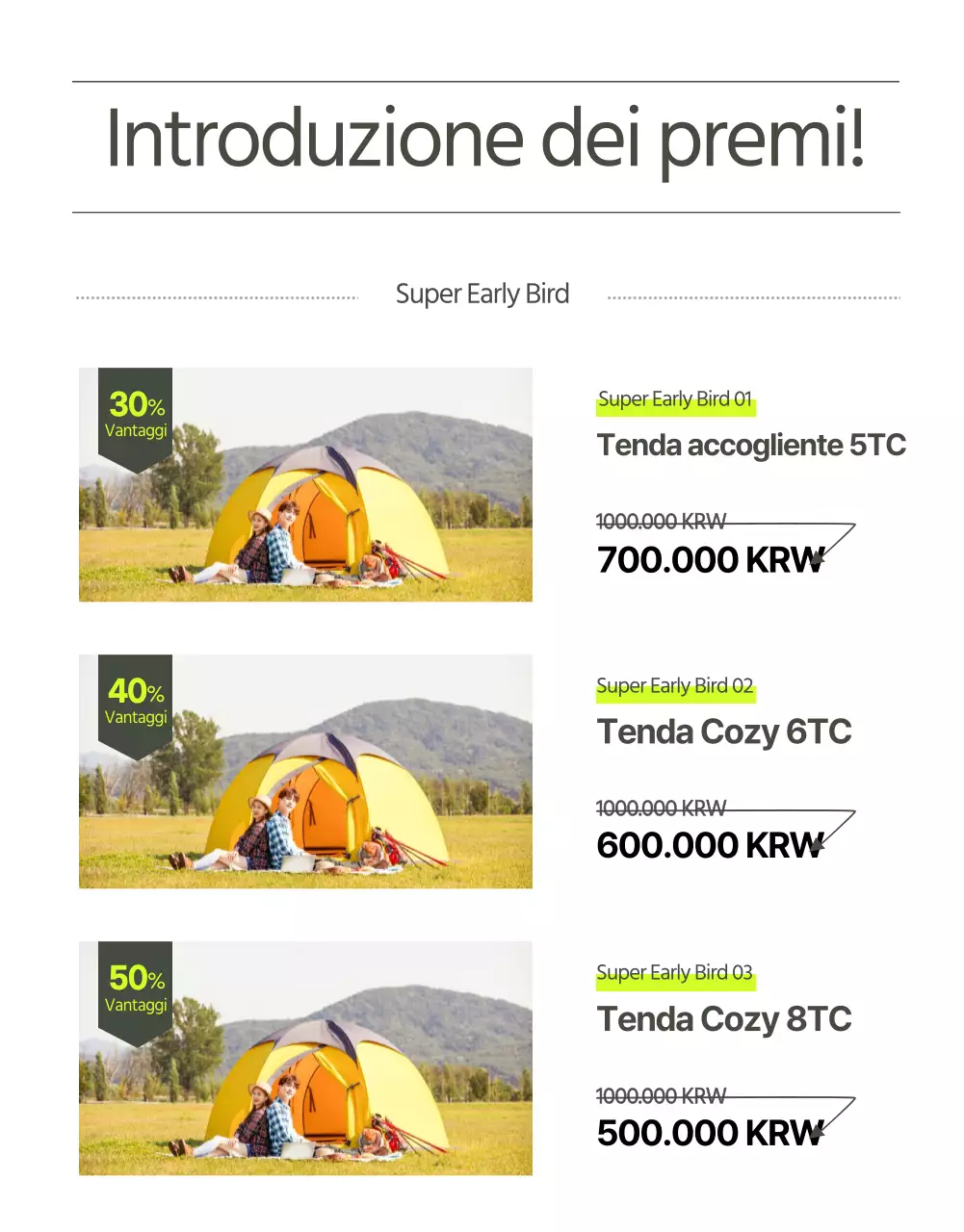 Tenda a cupola Wadiz con un layout pulito in verde fluorescente