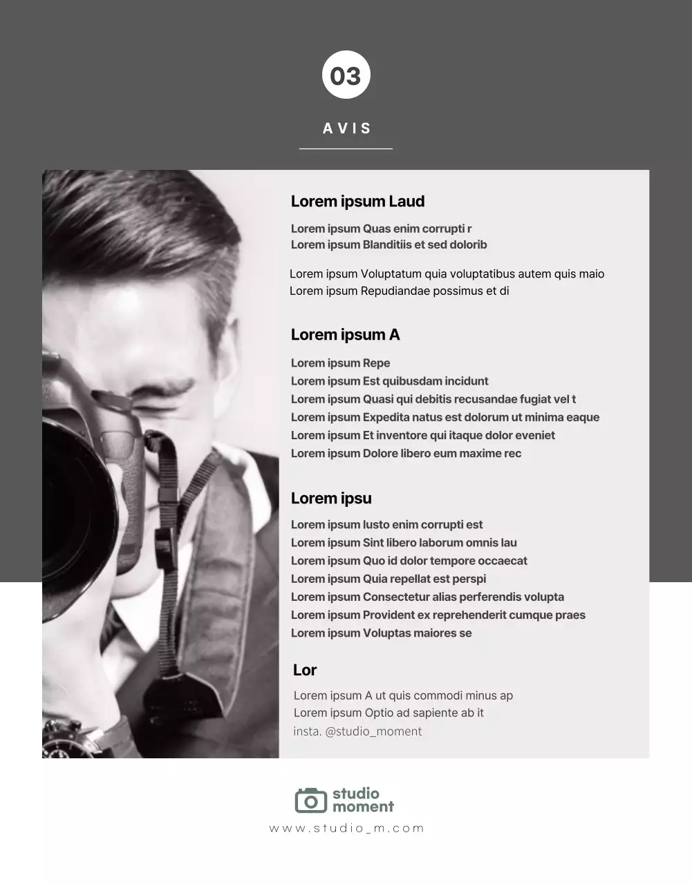 Page détaillée d'un studio photo avec des tons de couleurs en noir et blanc