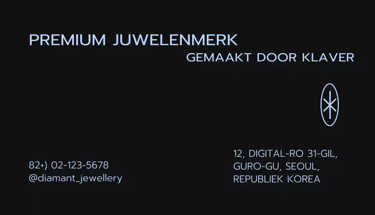 Visitekaartje van een modern juwelenmerk in lichtblauw en zwart