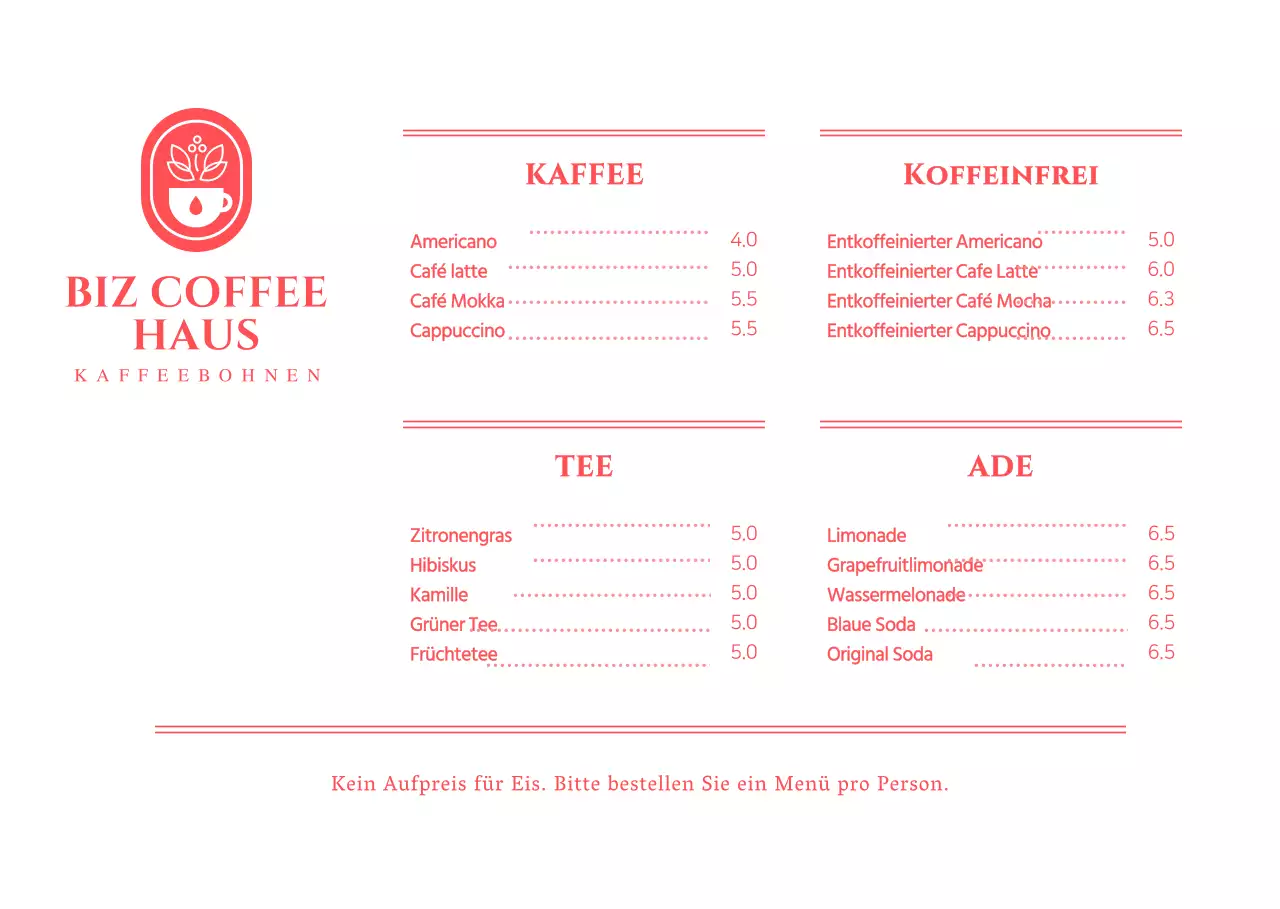 Preisgestaltung der Speisekarte für ein einfaches rot-weißes Konzept-Café