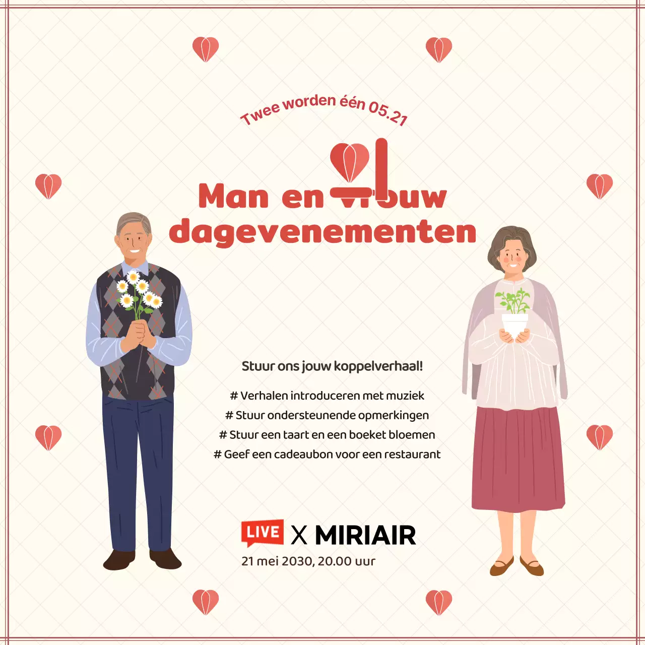 Aankondiging van een beige en rood koppeldagevenement