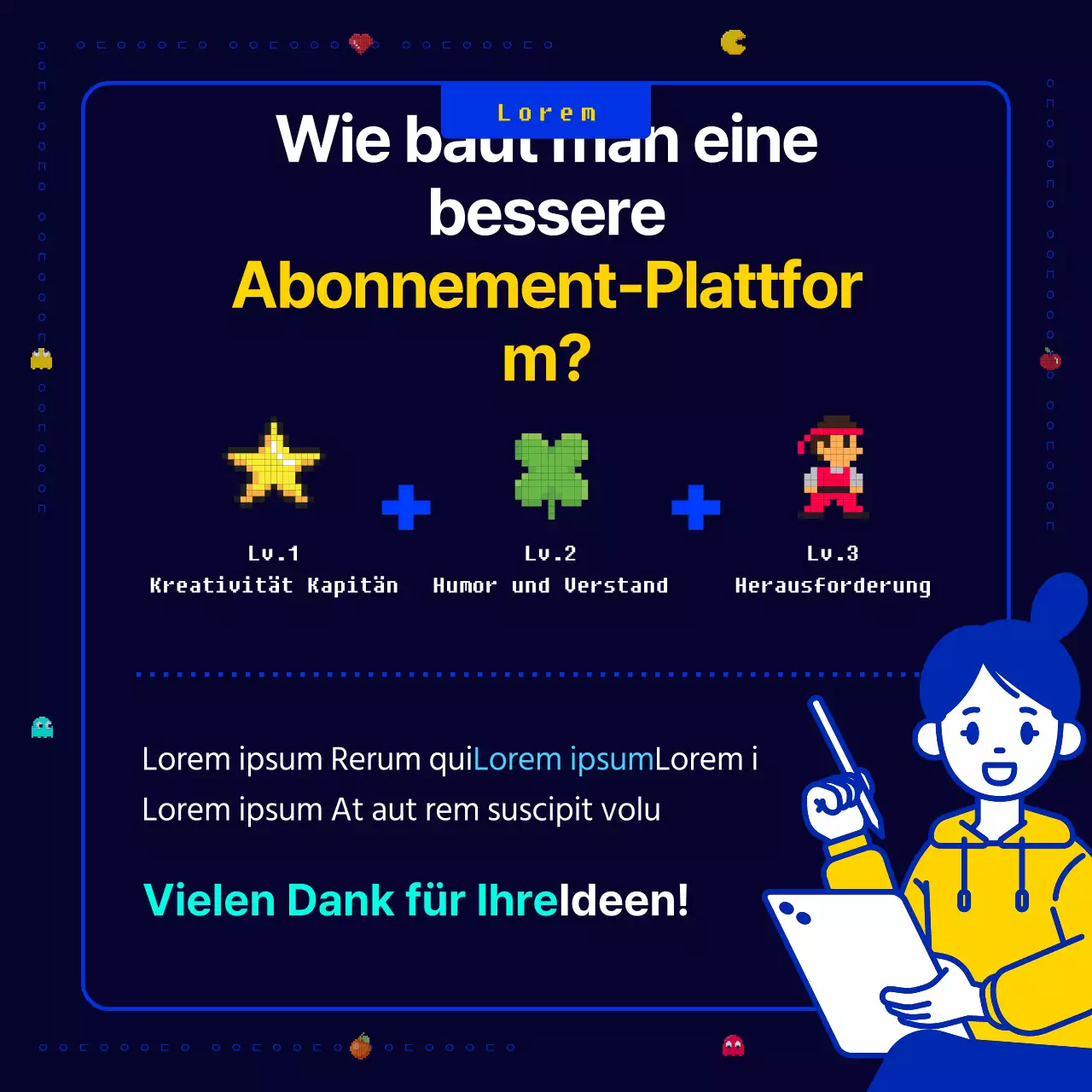 Ein neuartiges, lustiges Retro-Pac-Man-Pixelspiel in Marineblau und Gelb Aufruf zu neuen Geschäftsideen für ein Unternehmen.