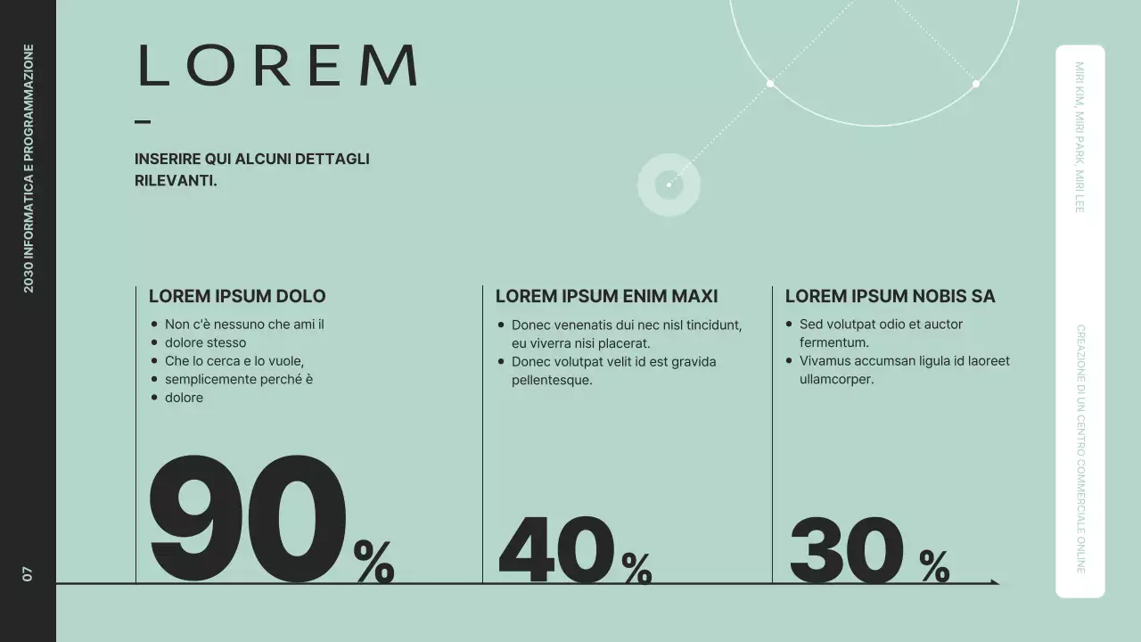Presentare una panoramica pulita del progetto con grafica in nero e menta
