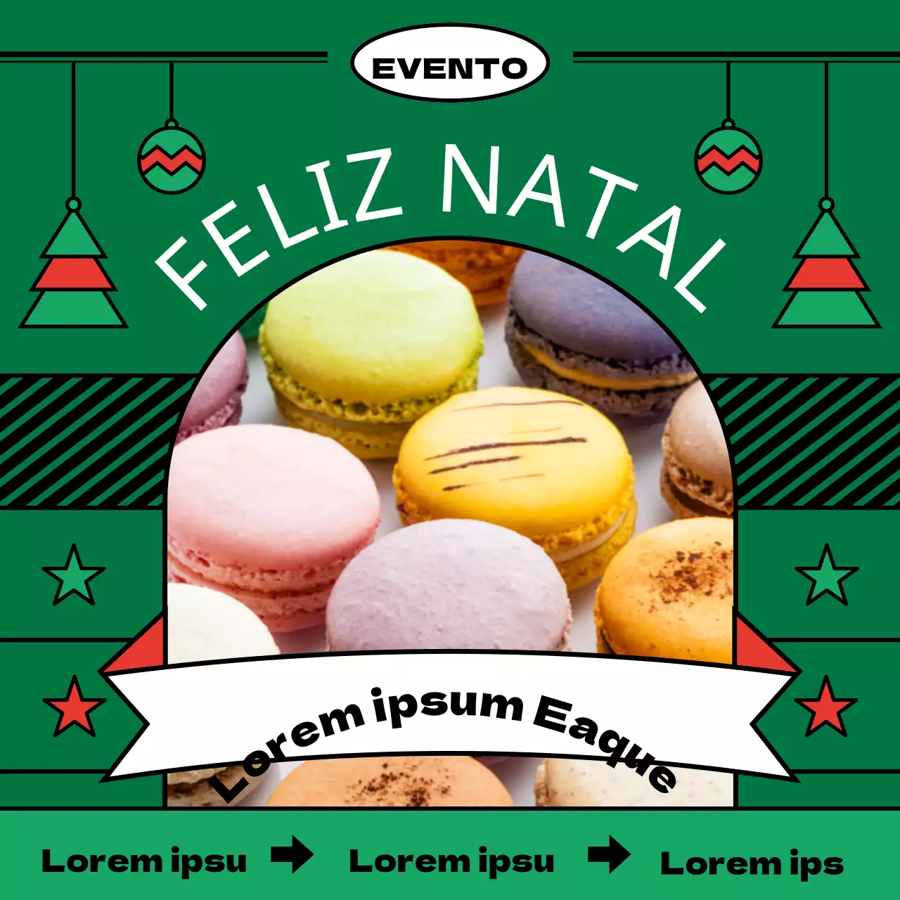 Desconto na pré-encomenda de macarons ilustrados com linhas simples em tons de vermelho e verde natalício