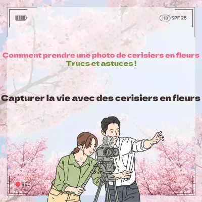 Conseils pour prendre une photo des cerisiers en fleurs avec des cerisiers en fleurs roses et un cadre d'appareil photo, illustration conceptuelle