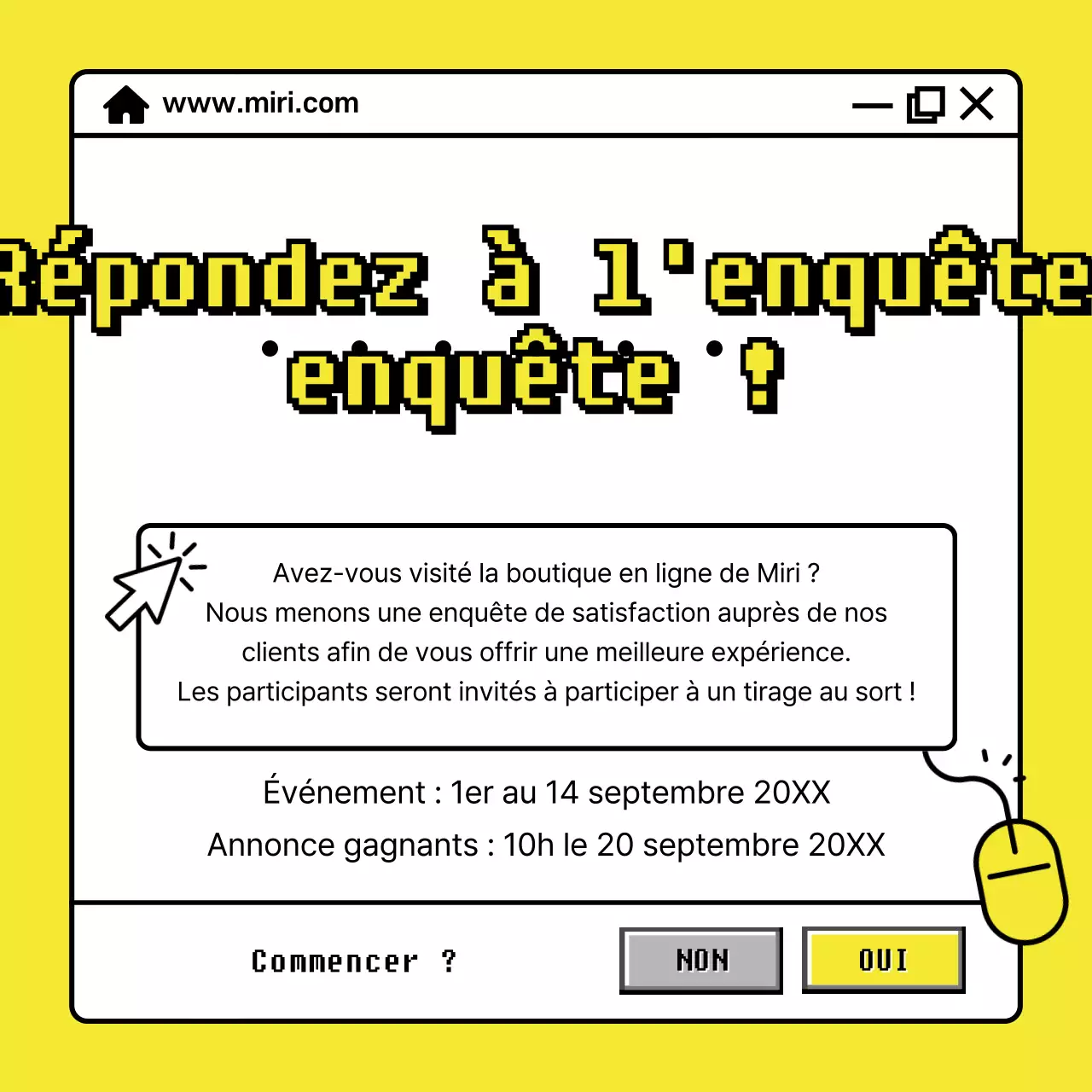 Publicité pour une enquête sur un événement avec une fenêtre internet jaune et néon.