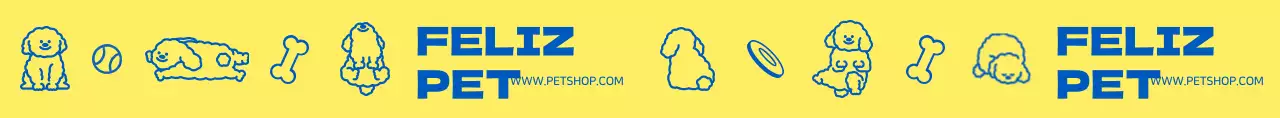 Desenho de uma loja de artigos para animais de estimação com ilustrações de um cão amarelo e azul e de um cachorro