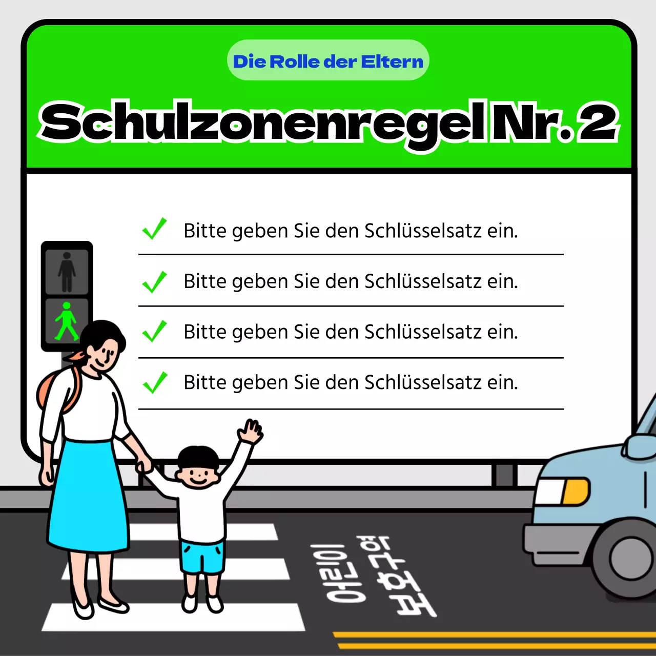 Verkehrssicherheitstipps für Schulgelände mit gelbem und blauem Schildkonzept