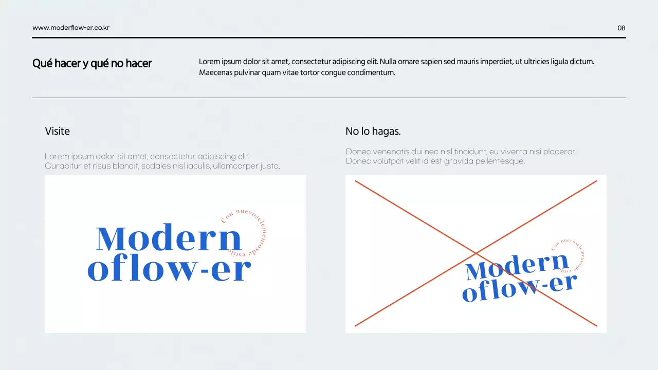 Una presentación limpia de la guía de marca en rojo y azul