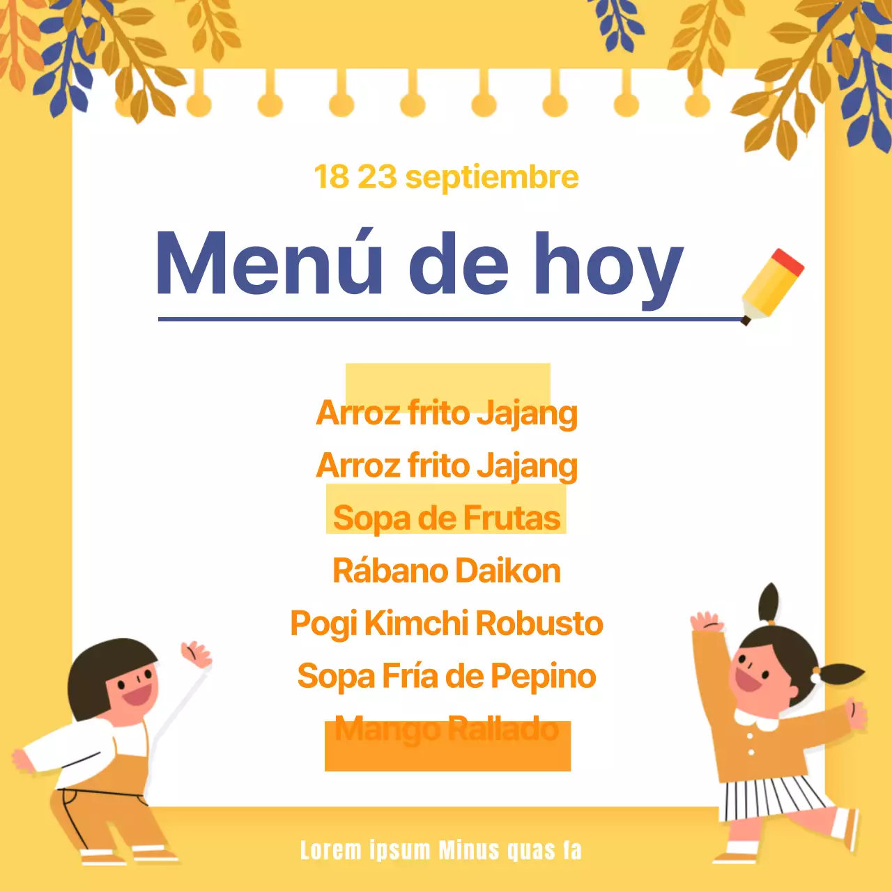 Amarillo Azul marino Ordenado Menú de hoy Escuela primaria Comida diaria Mesa Aviso móvil