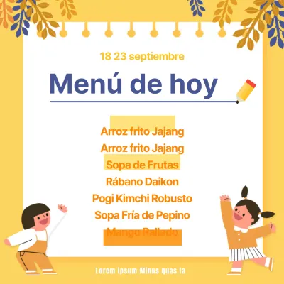 Amarillo Azul marino Ordenado Menú de hoy Escuela primaria Comida diaria Mesa Aviso móvil