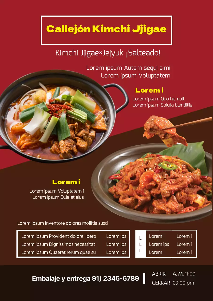 La foto roja destaca el restaurante limpio con menú de estofado de kimchi