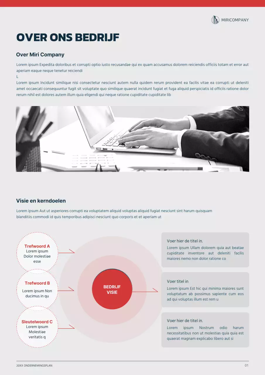 Grafisch concept ondernemingsplan in marineblauw en rood