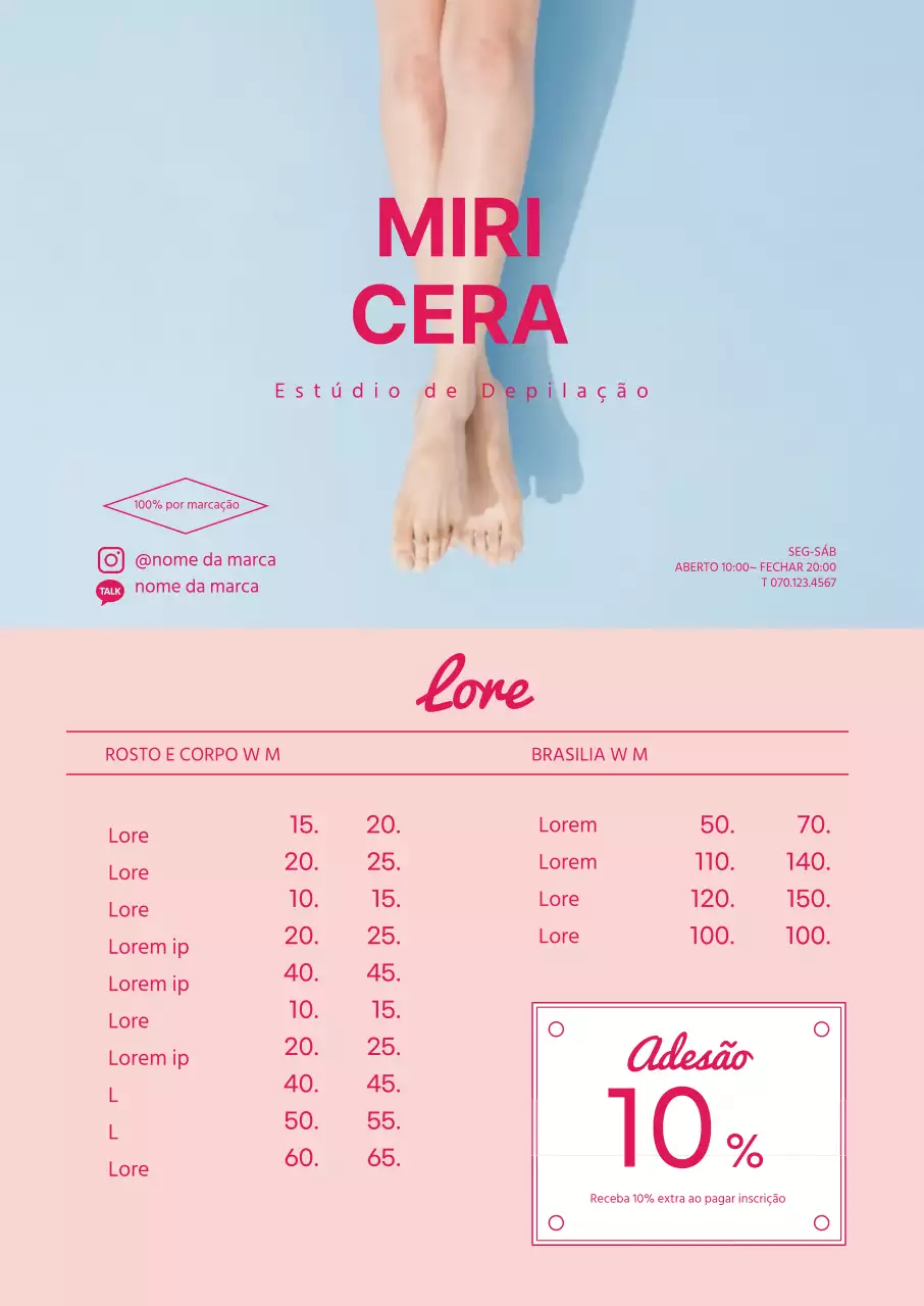 Menu de loja de depilação limpa com destaque para fotografia cor-de-rosa