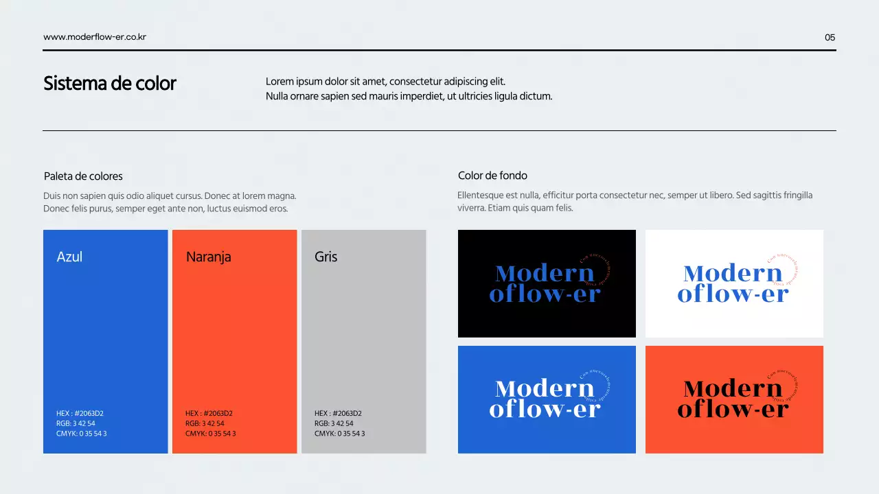 Una presentación limpia de la guía de marca en rojo y azul