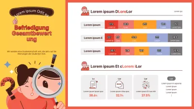 Gelb-orange Thema zur Bewertung der Zufriedenheit der Studentenschaft mit einer klaren Kombination aus Illustrationen und Diagrammen