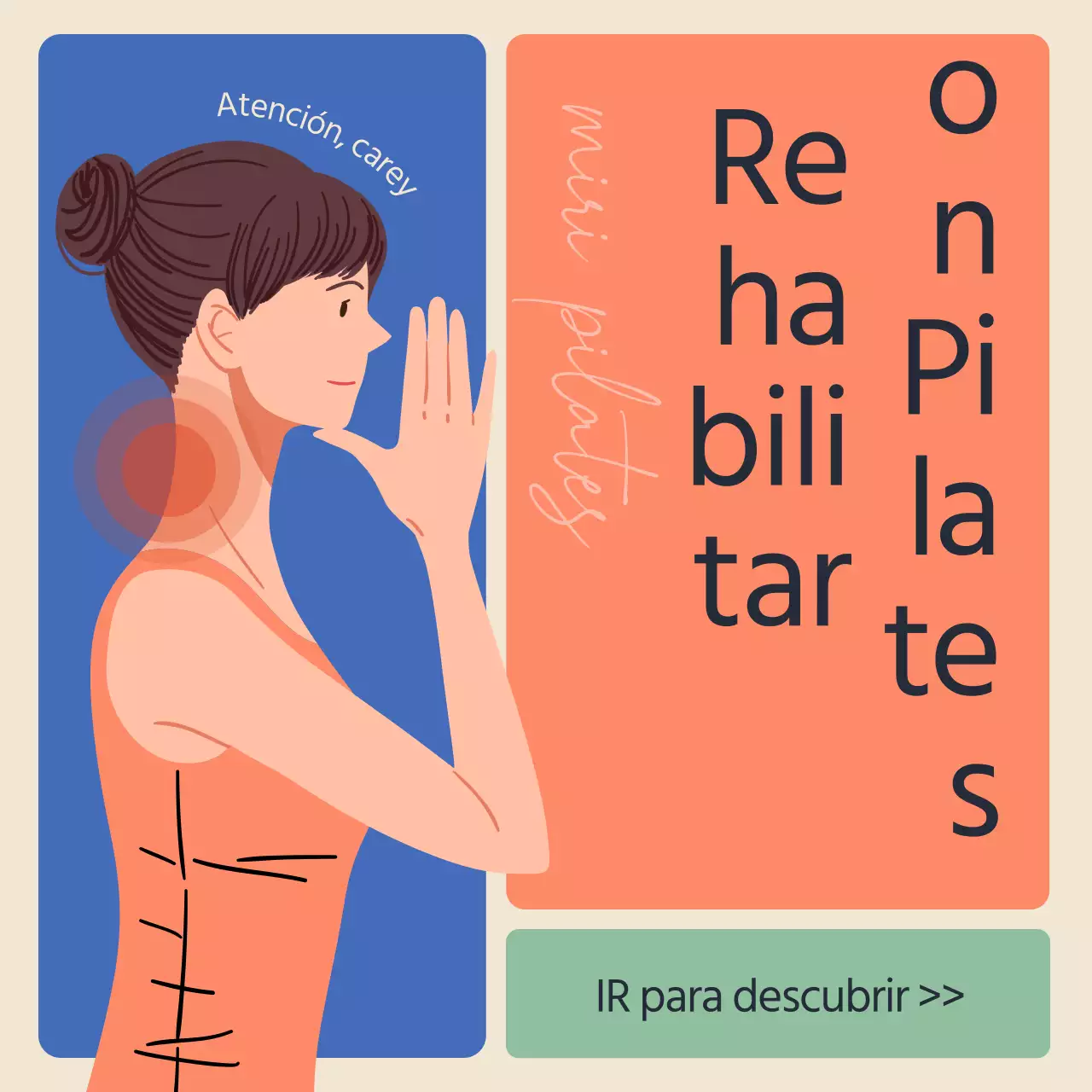 Cuello de tortuga Pilates Rehabilitación Información en azul y naranja