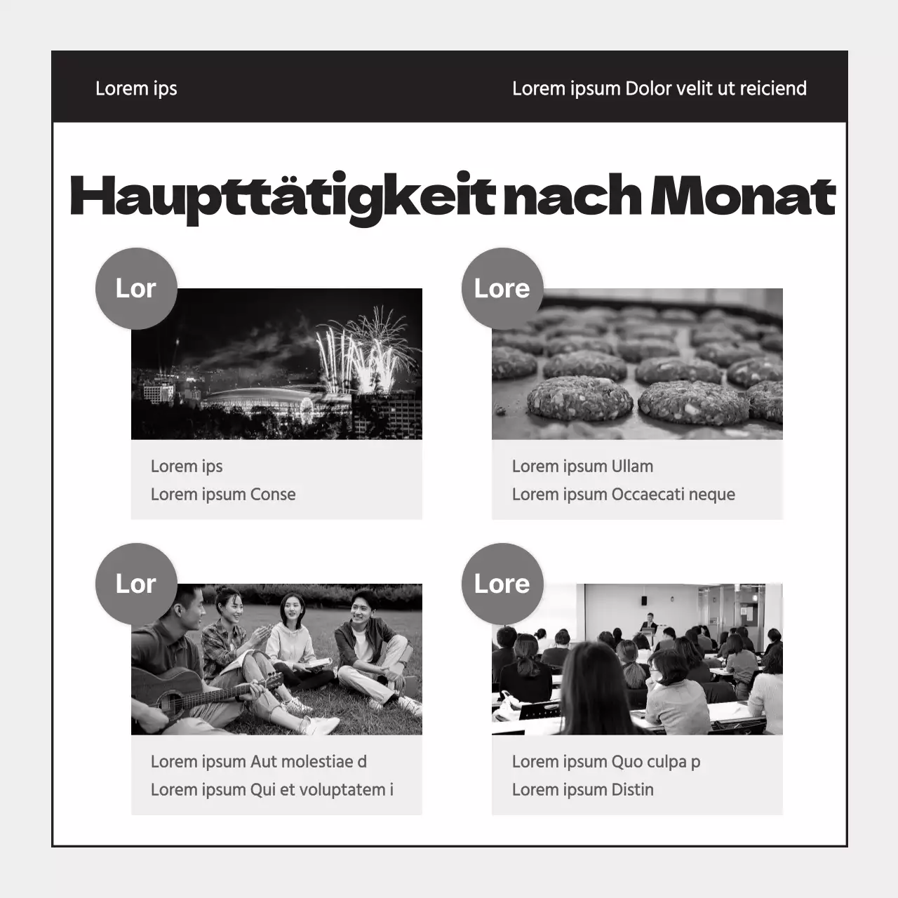 Ein einfacher grauer und schwarzer Tätigkeitsbericht der Studentenvereinigung