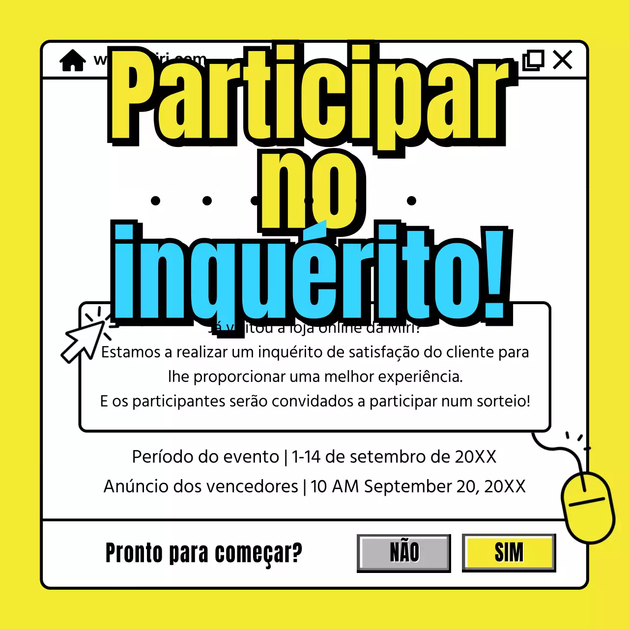 Conceito de anúncio de evento de inquérito com janela de Internet amarela de néon
