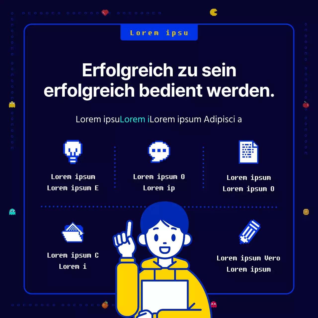 Ein neuartiges, lustiges Retro-Pac-Man-Pixelspiel in Marineblau und Gelb Aufruf zu neuen Geschäftsideen für ein Unternehmen.