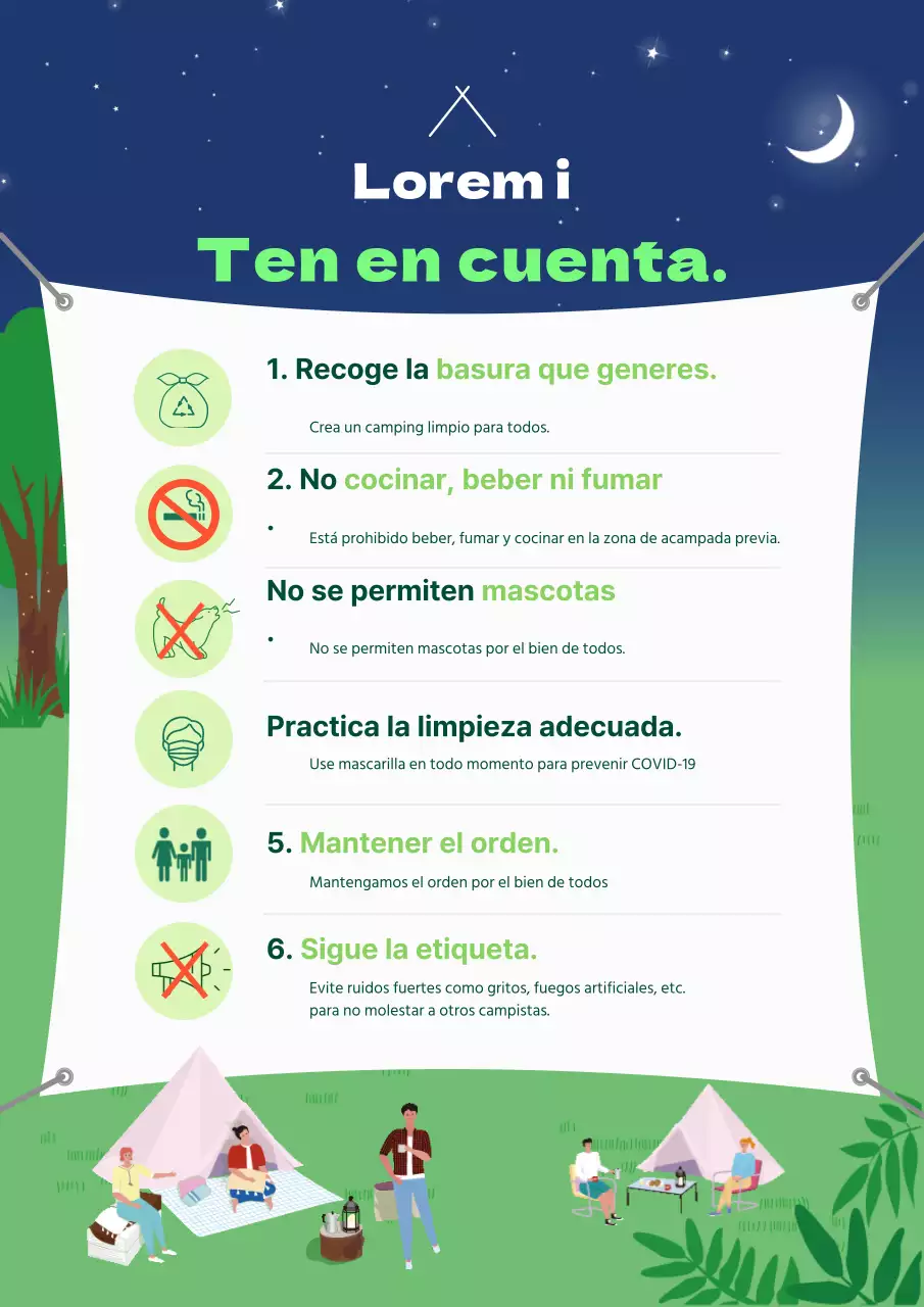 Señalización del camping en verde y azul marino