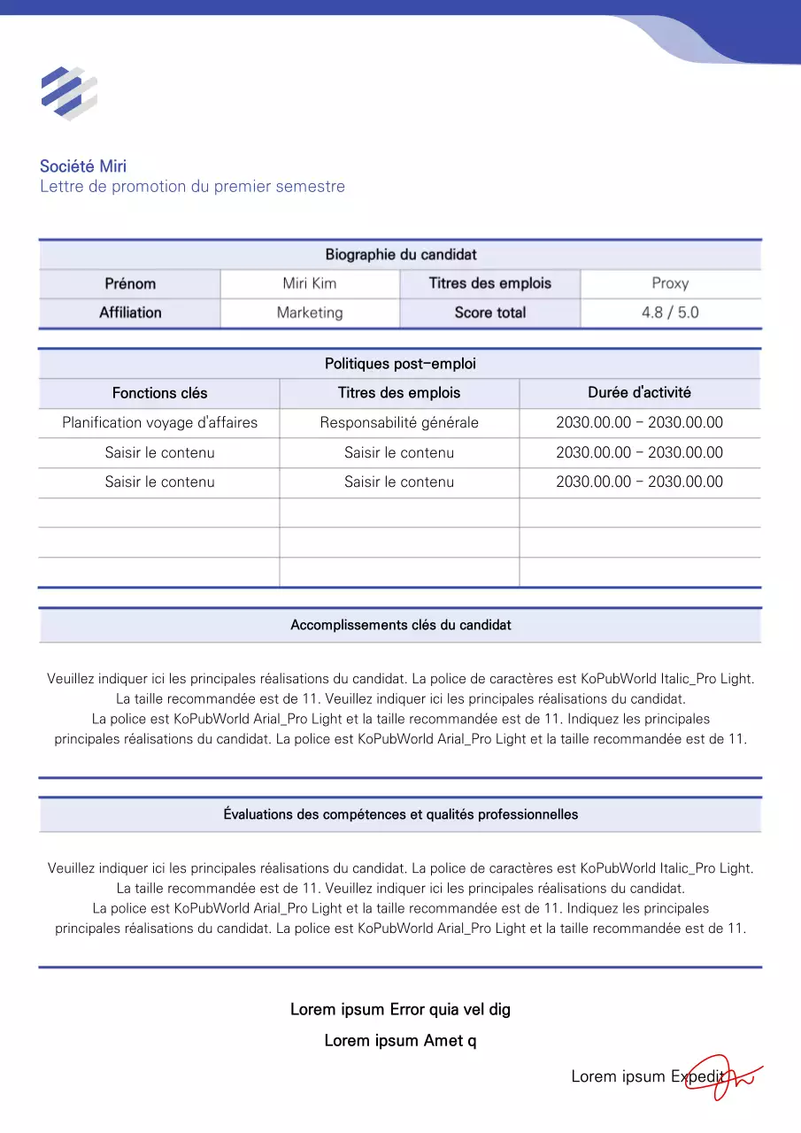 Formatage d'une lettre de recommandation de promotion dans BlueCollar
